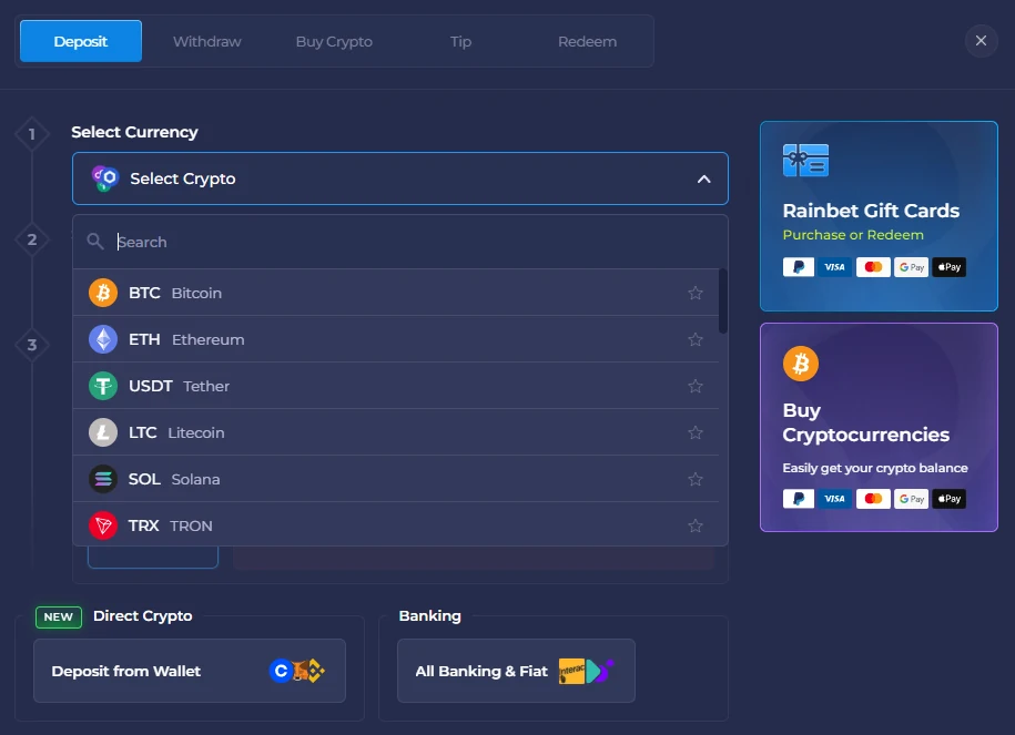 Rainbet Crypto Payments