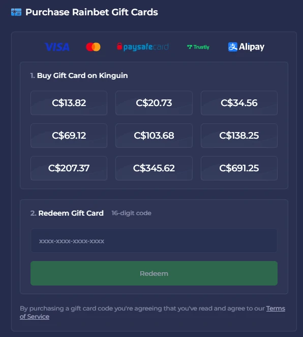 Redeem Rainbet Gift Card